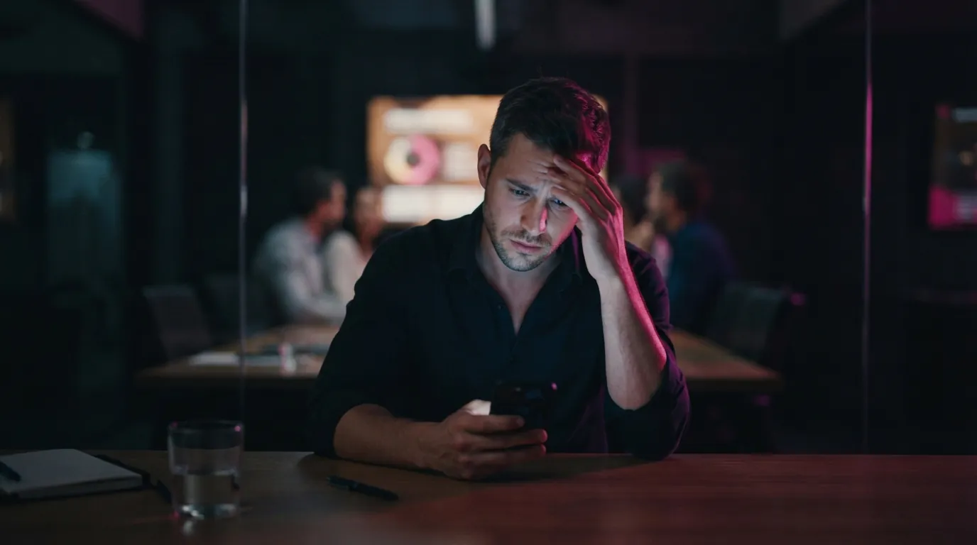 A man in a meeting looking at his phone, tired